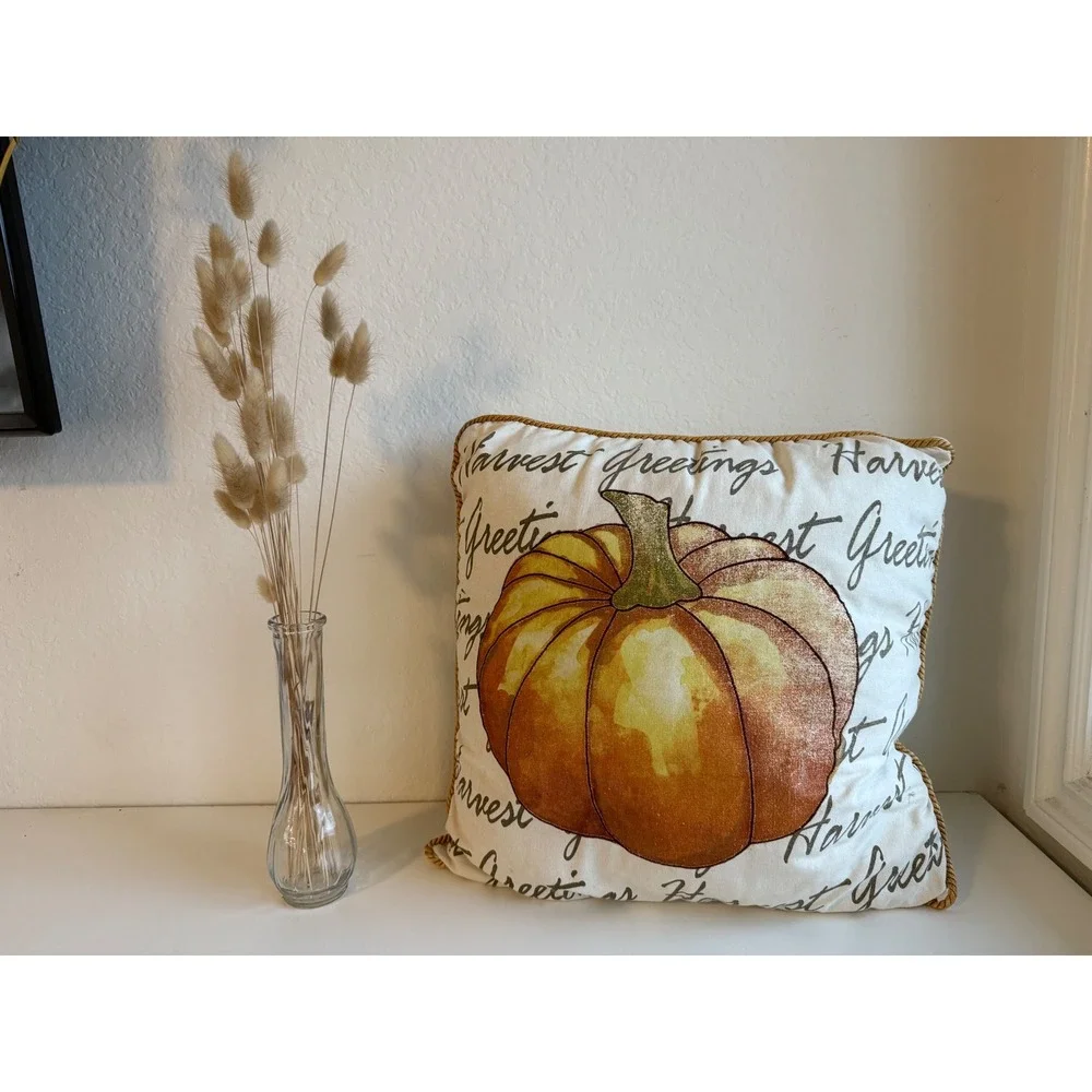 Pumpkin Harvest Greetings Throw Pillow Fall Decor 15x15 Rustic Farmhouse Fall
